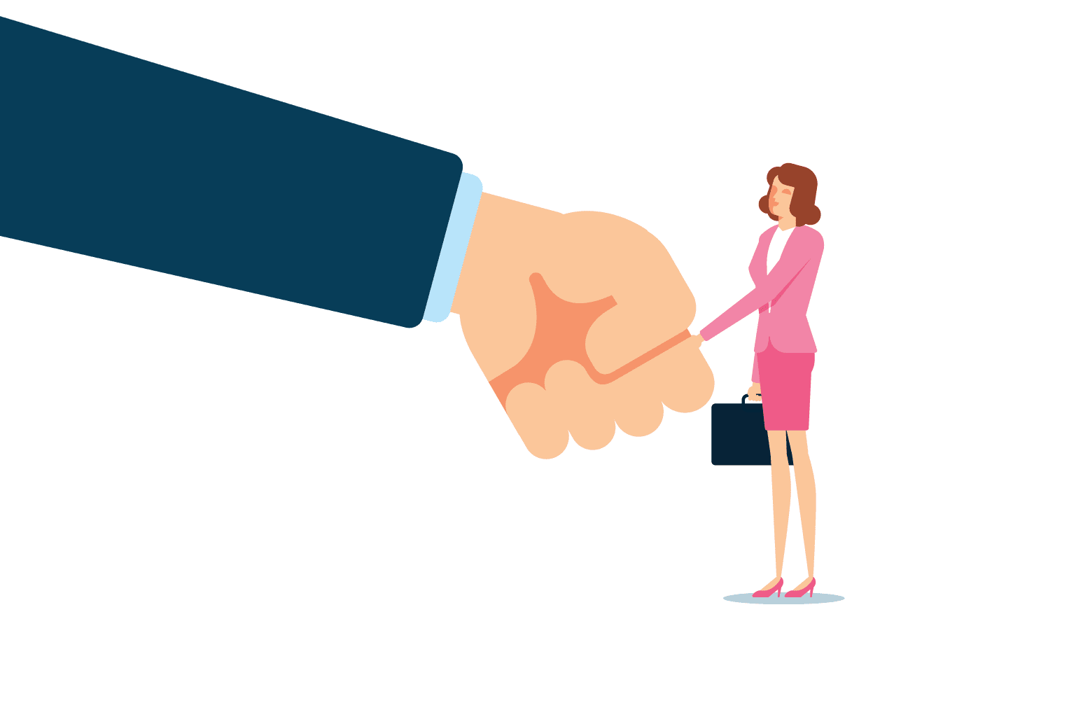 Illustration on a business women shaking a large hand to demonstrate getting a startup business loans