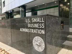 SBA SMALL BUSINESS ADMINISTRATION sign emblem seal at headquarters building entrance